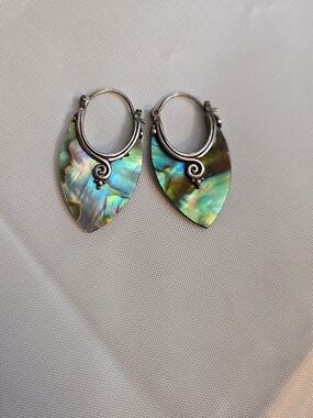 Sterling Silver Abalone Shell Teardrop Hoop Earrings - Iridescent Green
